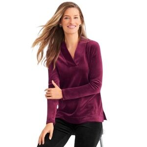 Talbots Luxe Velour Burgundy Long Sleeve Tunic Top Collared V Neck Sz M
